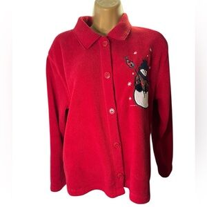 Vintage Y2K Christopher & Banks Button Front Fleece Shirt Snowman Appliqué Red M